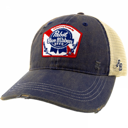 Pabst Blue Ribbon Logo Distressed Denim Trucker Hat - WearYourBeer