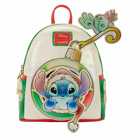 disney loungefly holiday mini backpack Stitch Snow Angel Glitter youll find padded debossing of various holiday symbols Hallmark + Disney Holiday Ever
