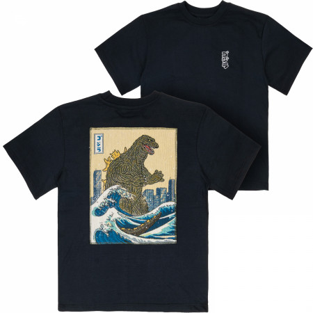 Godzilla Waves Embroidered Tapestry Front and Back T-Shirt