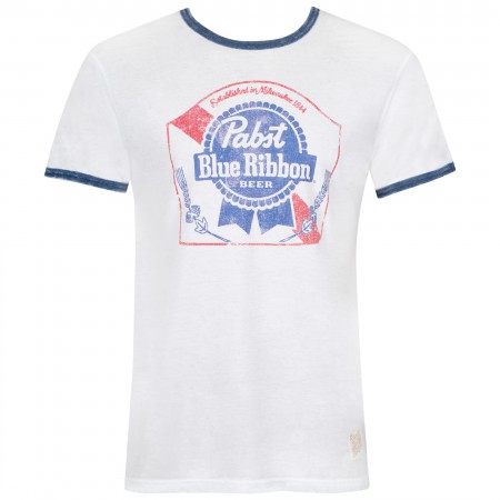 Pabst Blue Ribbon White Navy Ringer Tee Shirt - WearYourBeer