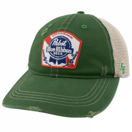 Pabst Blue Ribbon Embroidered Logo Distressed Green Denim Trucker